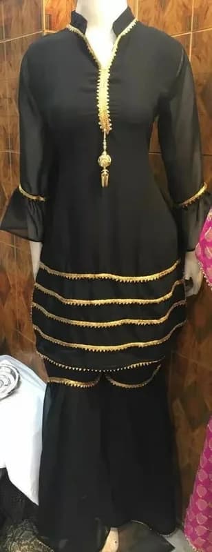 Sharara style short Kurti Indian party wear with gold embellishments