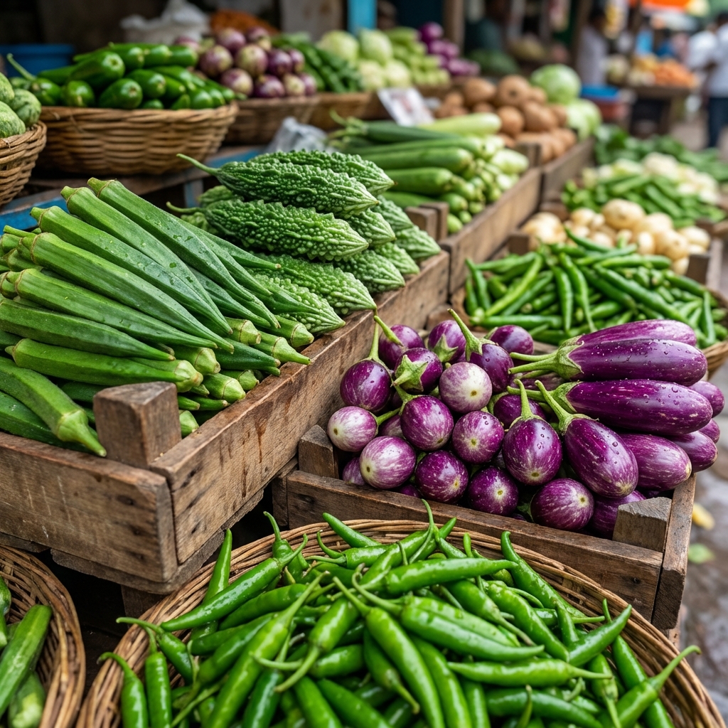 Fresh Indian vegetables and grocery aisle
